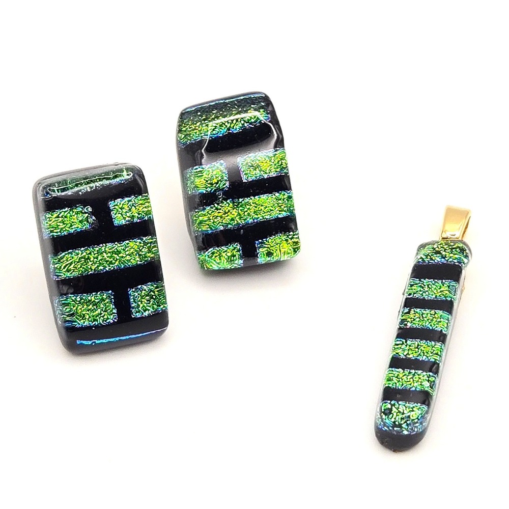 Dichroic Glass‎ Pendant Earrings Handmade Set Black Green Rectangle Geometric